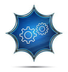 Settings process icon magical glassy sunburst blue button