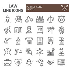 Law line icon set, justice symbols collection, vector sketches, logo illustrations, jurisprudence signs linear pictograms package isolated on white background.