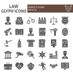 Law glyph icon set, justice symbols collection, vector sketches, logo illustrations, jurisprudence signs solid pictograms package isolated on white background.