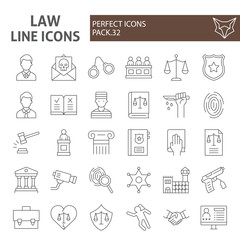 Law thin line icon set, justice symbols collection, vector sketches, logo illustrations, jurisprudence signs linear pictograms package isolated on white background.