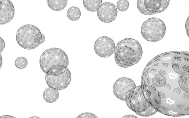Bitcoin economic financial bubble. crypto currency 3D illustration. Business concept. Silver bubbles on white background. Bit, Coin, mining concept