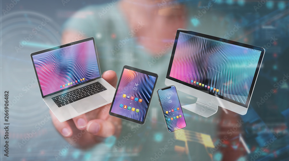 Aufkleber woman connecting modern smartphone tablet laptop and computer 3d rendering