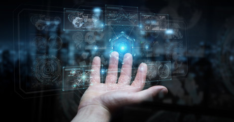 Businessman using digital technological interface with datas 3D rendering