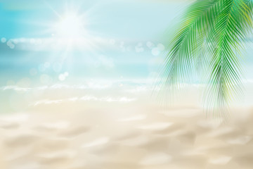 Fototapeta na wymiar Abstract view of the sunny beach with a palm tree. Tropical resort . Vector Illustration. 