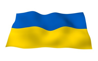The flag of Ukraine on a white background. National flag and state ensign. Blue and yellow bicolour. 3D illustration waving flag