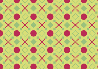 Green and red geometric pattern with circles, rhombuses and squares