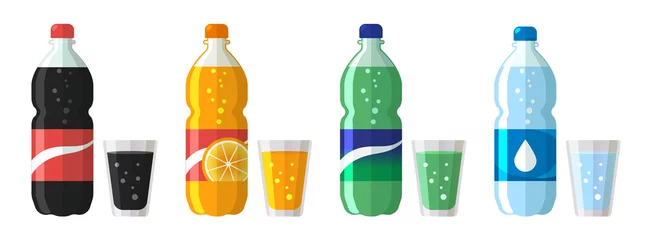 Foto op Plexiglas set of plastic bottle of water and sweet soda with glasses. Flat vector water soda icons illustration isolated on white © MarySan