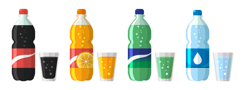 set of plastic bottle of water and sweet soda with glasses. Flat vector water soda icons illustration isolated on white