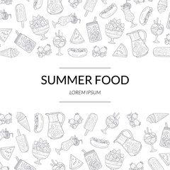 Summer Food Banner Template with Picnic Food Hand Drawn Pattern, Summertime, Holidays Design Element Vector Illustration