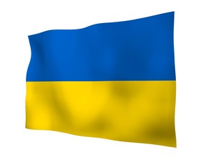 The flag of Ukraine on a white background. National flag and state ensign. Blue and yellow bicolour. 3D illustration waving flag