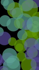 Multicolored translucent circles on a dark background. Green tones. 3D illustration