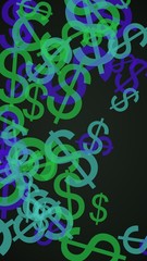 Multicolored translucent dollar signs on dark background. Green tones. 3D illustration