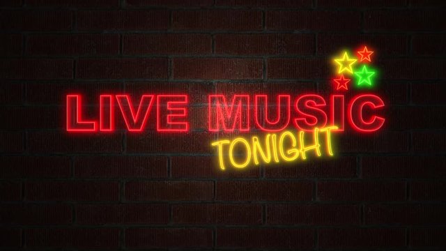 Live Music Tonight neon text flickering on brick wall