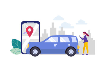 PrintOnline car sharing, mobile city transportation vector illustration concept with smartphone for web landing page template, banner, flyer and presentation.