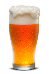 Glass of cold beer with falling froth isolated on white background. IPA.
