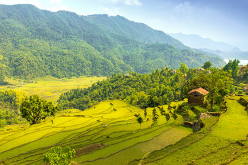Beautiful green valley and single rock house on a hill.