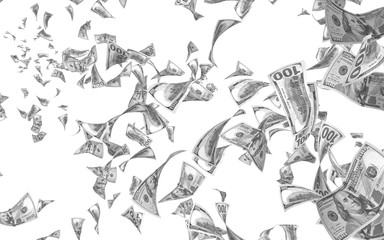 Flying dollars banknotes isolated on white background. Money is flying in the air. 100 US banknotes new sample. Black and white style. 3D illustration