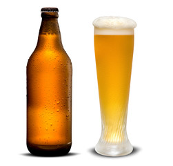 Glass of beer and Brown bottle with drops isolated on a white background.