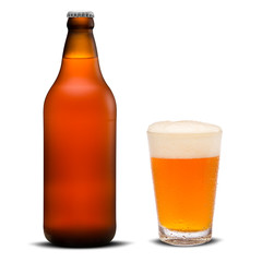 Glass of beer and Brown bottle isolated on a white background.