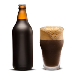 Glass of porter beer and Brown bottle isolated on a white background