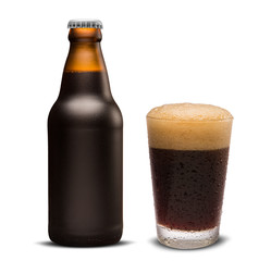 Glass of porter beer and Brown bottle 300ml isolated on a white background
