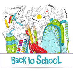 Back to school vector illustration on white background. School and office supplies. Stationery layout template for graphic design, web banners and printed materials