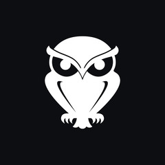 Icon owl. Isolated white sign owl on black background. Logo. Vector Illustration