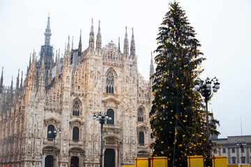 Christmas tree and Duomo of Milan square. Italy