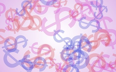 Multicolored translucent dollar signs on white background. Red tones. 3D illustration