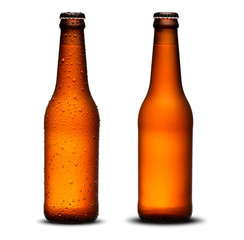 300ml beer bottles with drops and dries on white background. Pilsen.