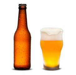 300ml beer bottles and glass beer with drops on white background.