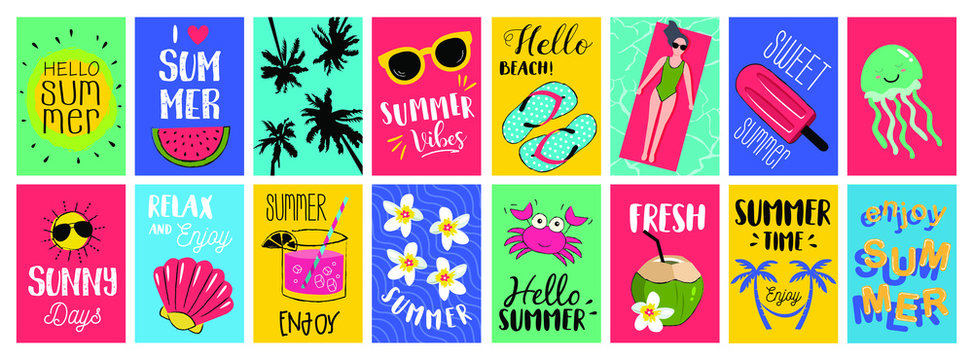 Big set of summer hand drawn tags, summer cards, poster, banner for summer holiday, travel, beach vacation, sun.