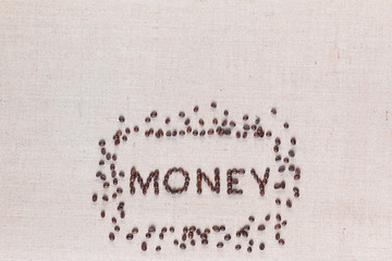 Money symbol surrounded by coffee beans on linen texture, arranged bottom center.