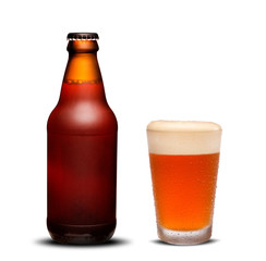 300ml beer bottles dry and glass beer with drops on white background.
