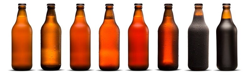 600ml beer bottles with drops and dries on white background. Pilsen, porter, ipa and weiss. - Powered by Adobe