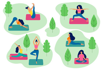 People do yoga in the park. Active women in different asanas. Healthy lifestyle. Outdoor workout. Flat vector illustration.
