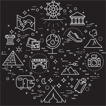 Simple Set of travel and camping Related Vector Line Illustration. Contains such Icons as shoes, trailer, bridge and more. Modern style line drawing and background color black. 