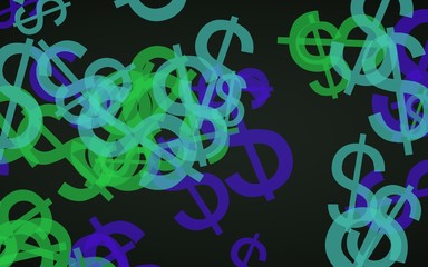 Multicolored translucent dollar signs on dark background. Green tones. 3D illustration