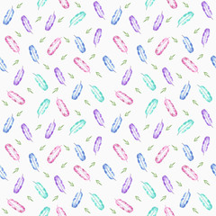 Multicolored feathers. Easter watercolor seamless pattern