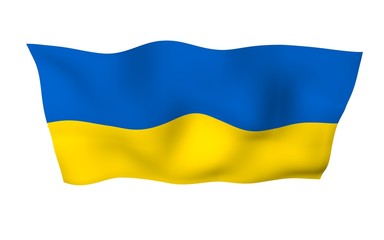 The flag of Ukraine on a white background. National flag and state ensign. Blue and yellow bicolour. 3D illustration waving flag