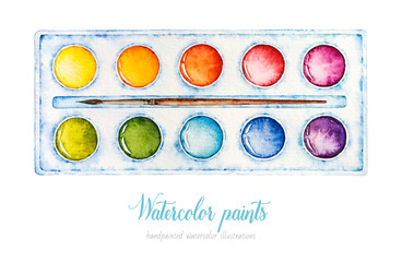Watercolor paints. Palette. Paint with brushes. Watercolor paint box. School. Office. Stationery. Watercolor botanical illustration. Paint palette