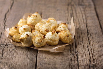Group of Sweet Coconut Cookies on Old Wooden Background Horizontal Copy Space Tasty Coconut Dessert Homemade Coconut Cookies