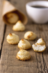 Group of Sweet Coconut Cookies on Old Wooden Background Vertical Tasty Coconut Dessert Homemade Coconut Cookies