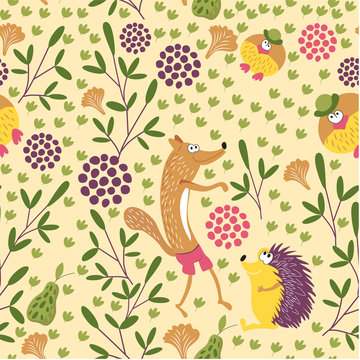 Forest animals seamless baby pattern. Sly Fox, hedgehog and Mr. bird walk in a forest glade. Background for children's room, books, fabrics, postcards
