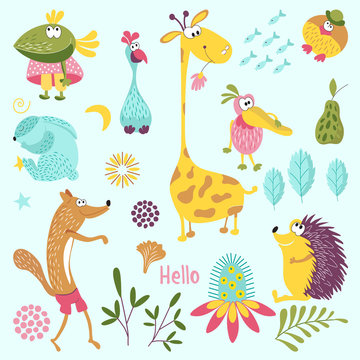 Set of forest animals. Sly Fox, hedgehog, Mr. bird, Pelican, rabbit, crow, giraffe, flower. Suitable for children's room decoration, book, cloth, postcard