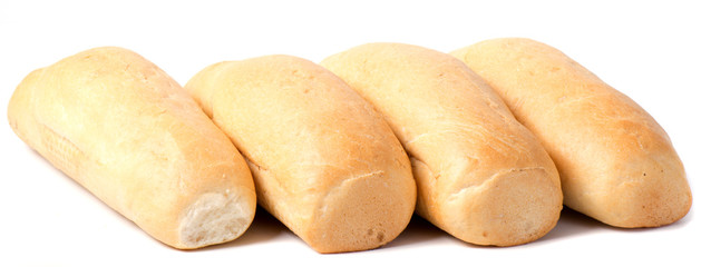 single loaf of fresh baked baguette bread isolated on white background