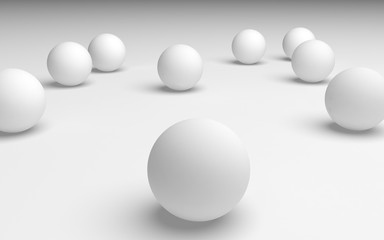 White abstract background. Set of white balls isolated on white backdrop.