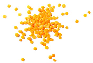 Pile red lentils isolated on white background, top view and clipping path