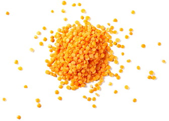 Pile red lentils isolated on white background, top view and clipping path