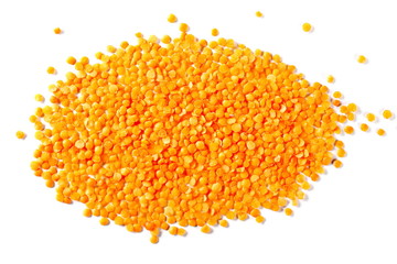 Pile red lentils isolated on white background, top view and clipping path
